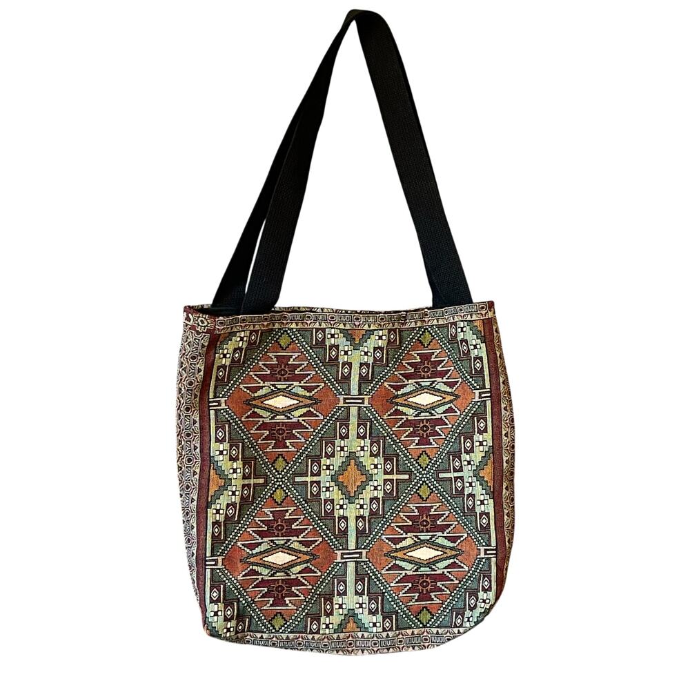 Geometric Woven Tapestry Tote Bag Boho Kilim Style Shoulder Bag Black Handles